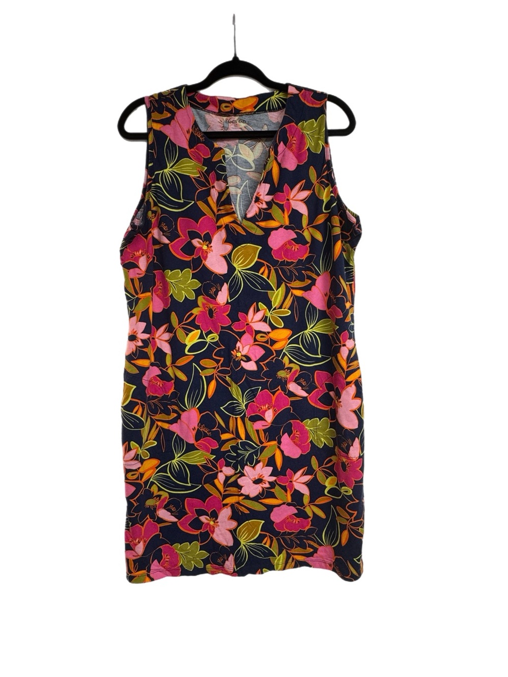 Lands End Navy Sleeveless Midi Dress with Pink & Orange Floral Print
